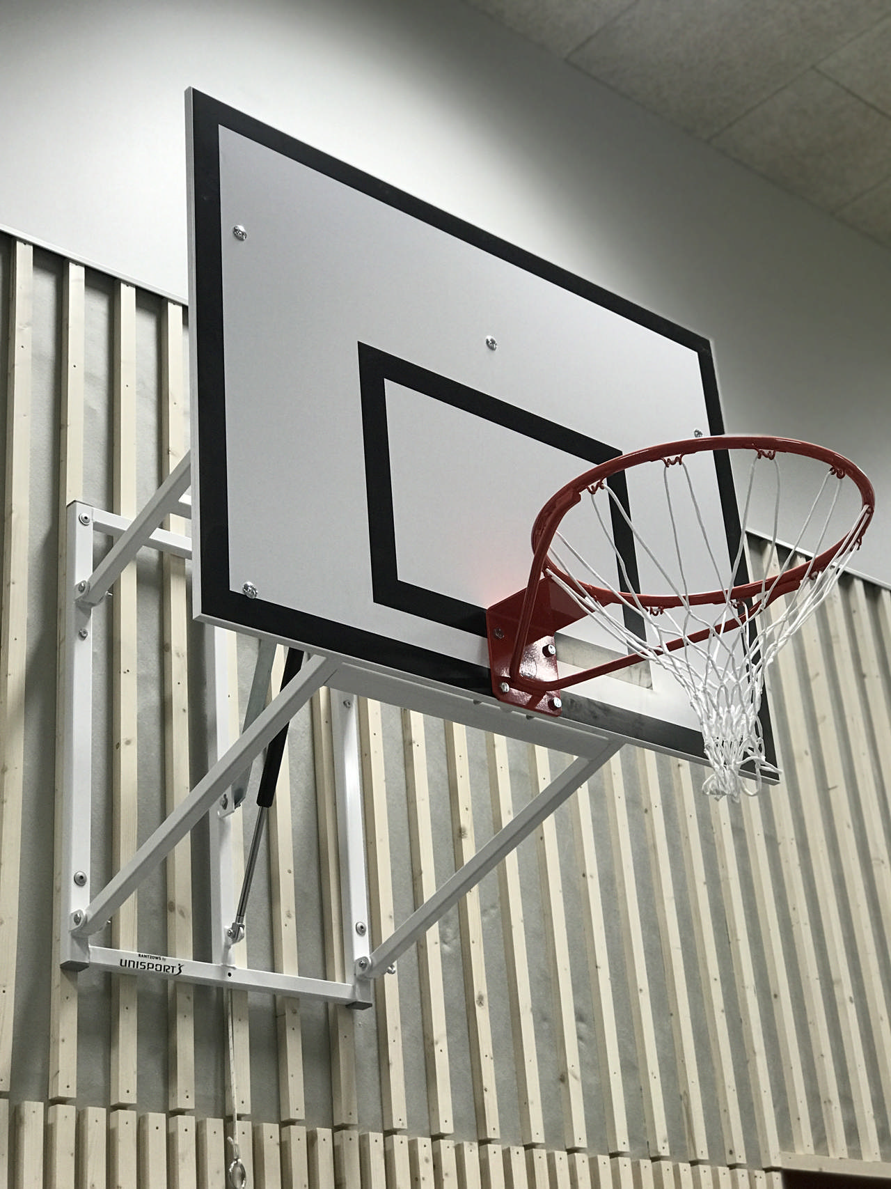 Vägghängt basketmål RANTZOWS 1200, mini/normal, trätavla 1200x900 mm, gasfjäder