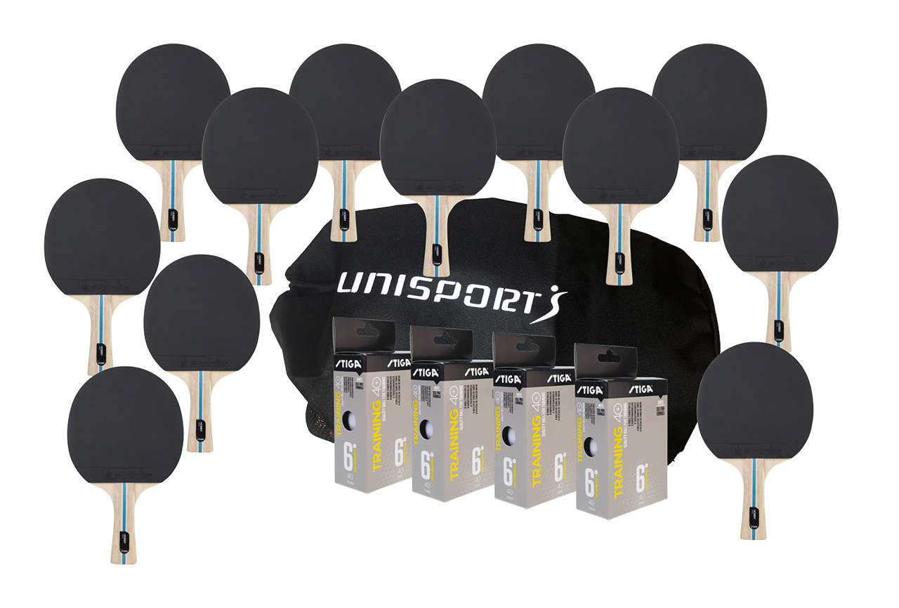 Bordtennisset UNISPORT, 12 rack + 24 bollar + 1 förvaringskasse