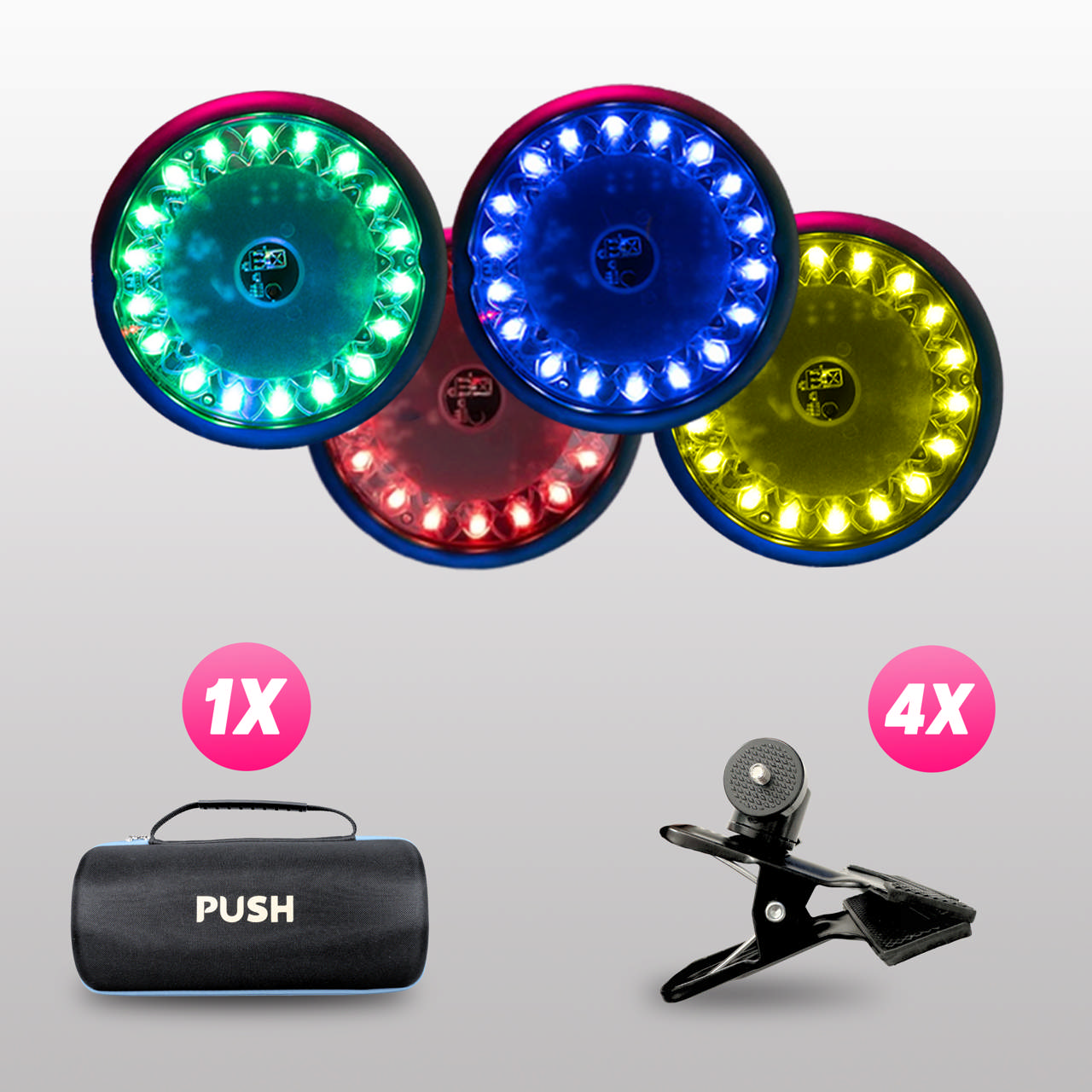 Reaktionsljus PUSH 2.0, 4-pack - Inkl 4 klämmor och förvaringsväska